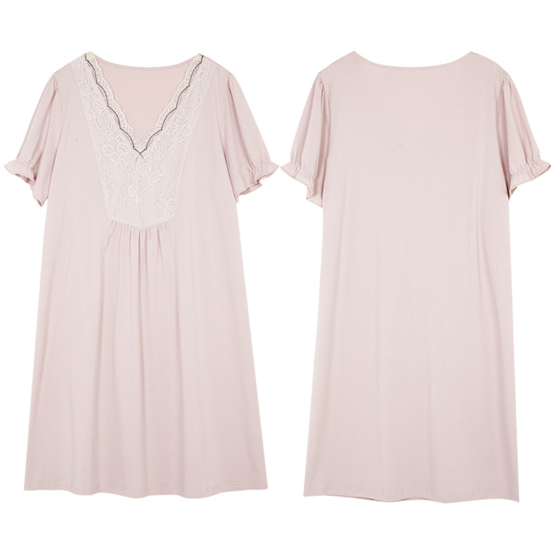 夏季可爱性感v领蕾丝短袖宽松短裙 花样娇兰睡裙