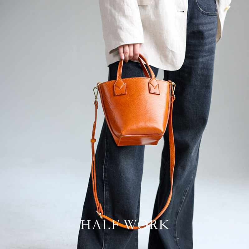 HALF WORK 头层牛皮水桶包女真皮复古手提包简约手工单肩斜挎包包,淘宝优惠券,粉丝福利购,淘宝优惠卷