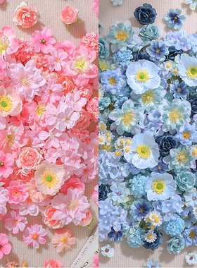 蓝色系混搭仿真花朵手工DIY材料包 花墙古风团扇谷美痛包素材配饰