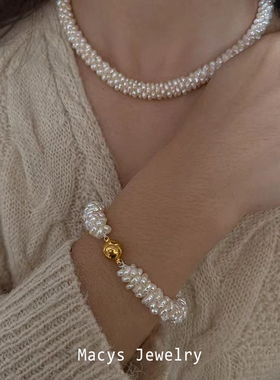 秋冬新款毛毛虫毛衣链百搭手工编织天然淡水珍珠项链手链套装