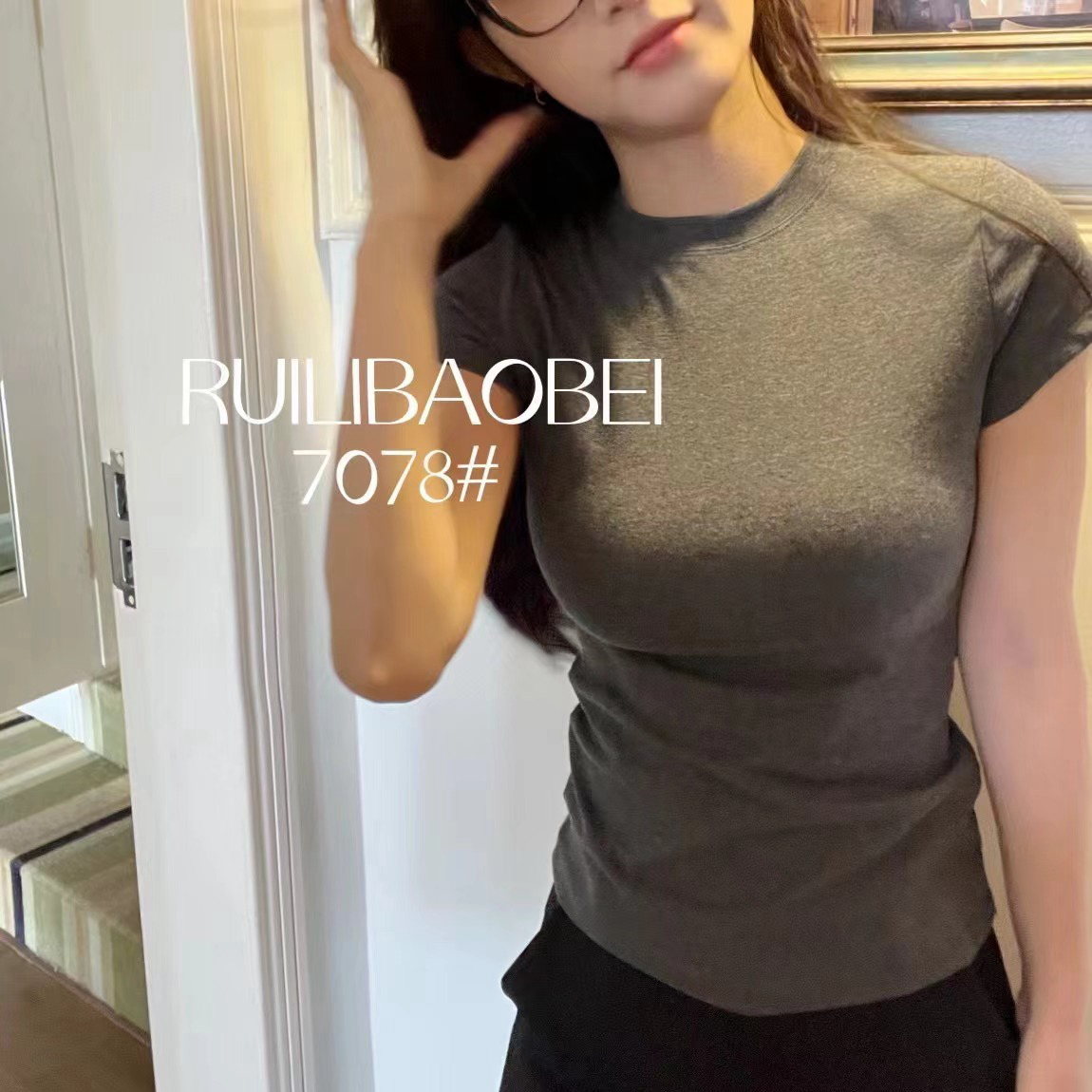 RL.shop7078新款2024韩版小众设计感百搭修身显瘦圆领短袖T恤女 - 图1