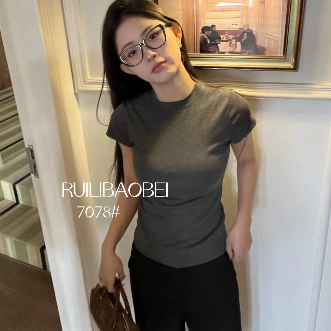 RL.shop7078新款2024韩版小众设计感百搭修身显瘦圆领短袖T恤女 - 图3