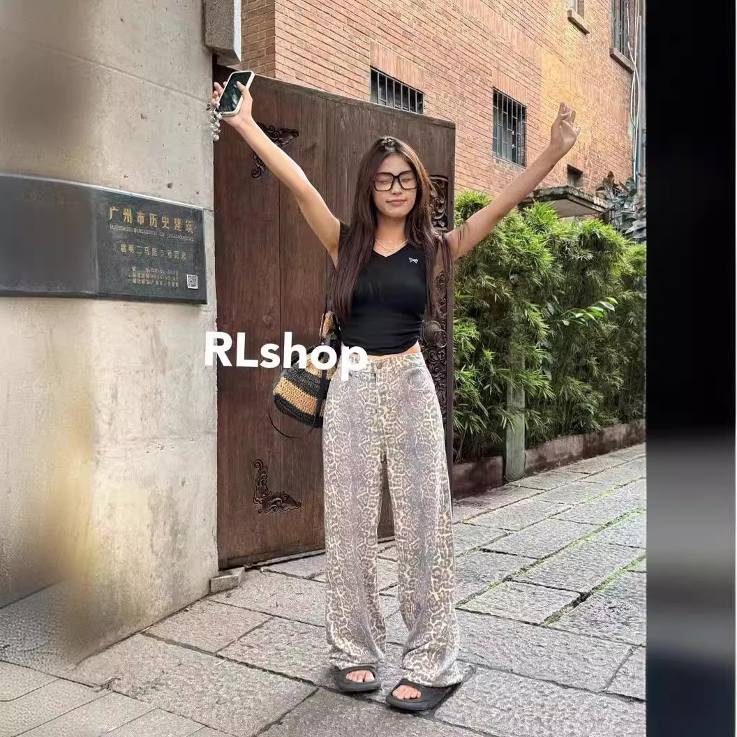 RL.shop8273新款豹纹复古美式牛仔裤女春夏高腰宽松直筒阔腿裤 - 图0