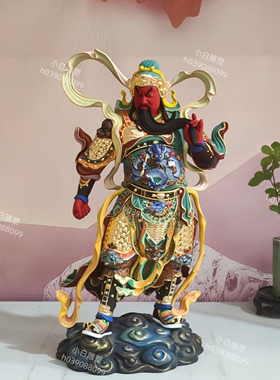 关公站像极彩纯铜雕珈蓝护法摆件