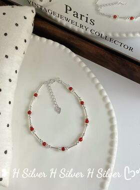 欢遇S925纯银小众新中式红玛瑙平安复古碎银手链女竹节国风手串