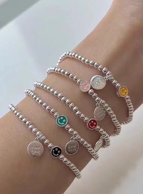 韩版S925银彩色笑脸GOODLUCK手链