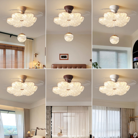 中古隐形风扇灯金箔轻奢紫荆花朵全光谱护眼主卧室餐厅一体吊扇灯