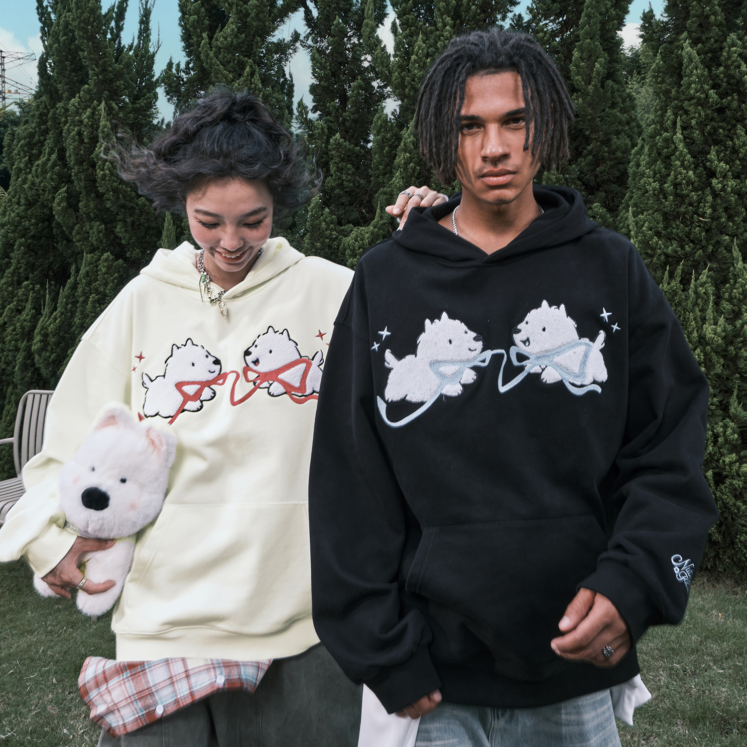 Nuthink美式复古卡通小狗刺绣连帽卫衣毛巾绣外套男女2025秋新款 - 图0