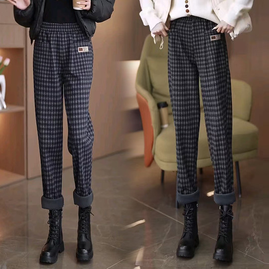 Velvet and thickened woolen plaid harem pants for women 2025 autumn and winter new style small leg pants high waist slim casual pants for women