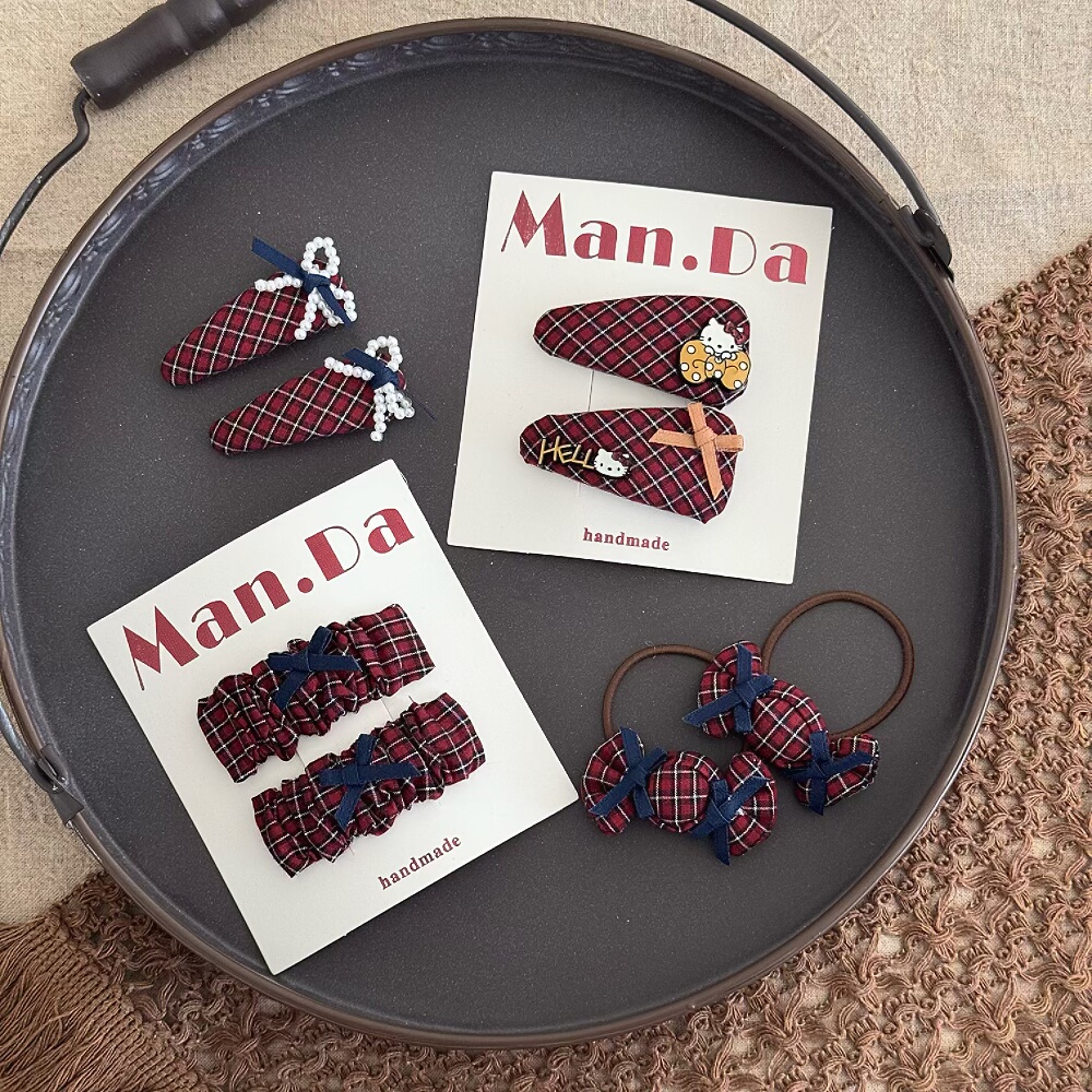 韩版女孩KT猫酒红格蝴蝶结发夹糖果发绳儿童布艺BB边夹学生刘海夹,淘宝优惠券,粉丝福利购,淘宝优惠卷