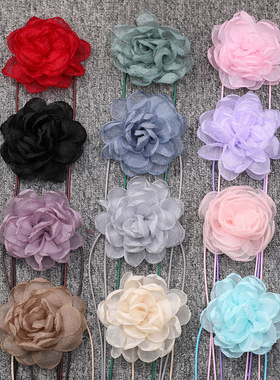 韩版名媛欧根纱烧边花山茶花项链女ins手工布艺花朵颈链