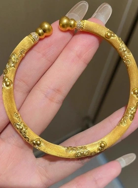 古法金色拉丝樱花双头葫芦手镯女款开口设计复古手链手饰