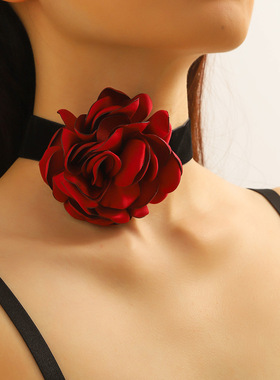 新款酒红花朵大码脖围颈链饰品项链时尚女士穿搭