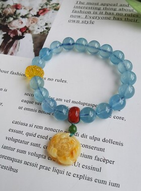 原创新款天然海蓝宝单圈手链女手串晶体通透干净南红蜜蜡牡丹花坠