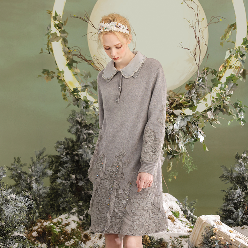 CHARFEN朝峰复古时尚轻奢气质优雅针织连衣裙女CFD5E811-8016G - 图1