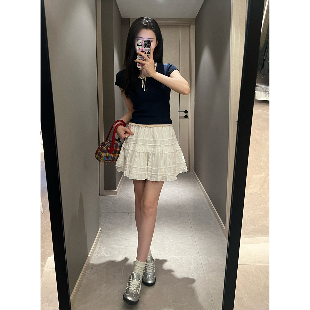 liyu李鱼鱼细带撞色假两件短袖T恤女2024夏韩版小众少女感短上衣 - 图1