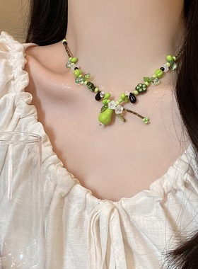 韩系甜美气质绿色串珠植物青梨项链小众森系复古串珠锁骨链女颈链