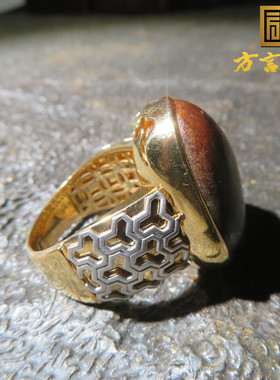 方言和田玉罕见精品收藏级新疆枣红皮白玉籽料金镶玉原石戒指w1