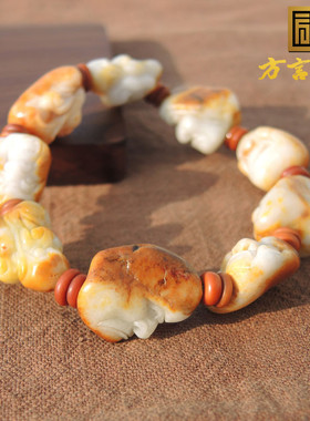 惊呆了方言和田玉精品黄沁皮白玉籽料大师精工双面十八罗汉手链h0