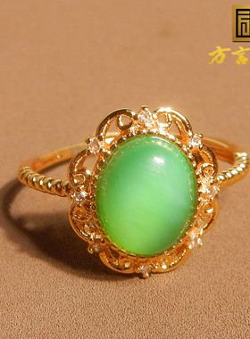 美美哒方言和田玉俄罗斯老坑料阳绿碧玉猫眼起荧光银镀金戒指A5