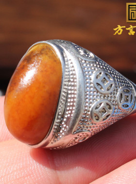 方言和田玉精品一眼真新疆金包银黄沁籽料银镶原石男士戒指扳指A1
