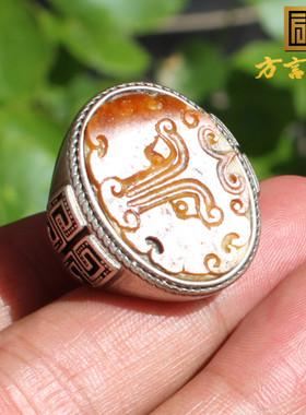 新疆黄沁和田籽料银镶玉原石戒指