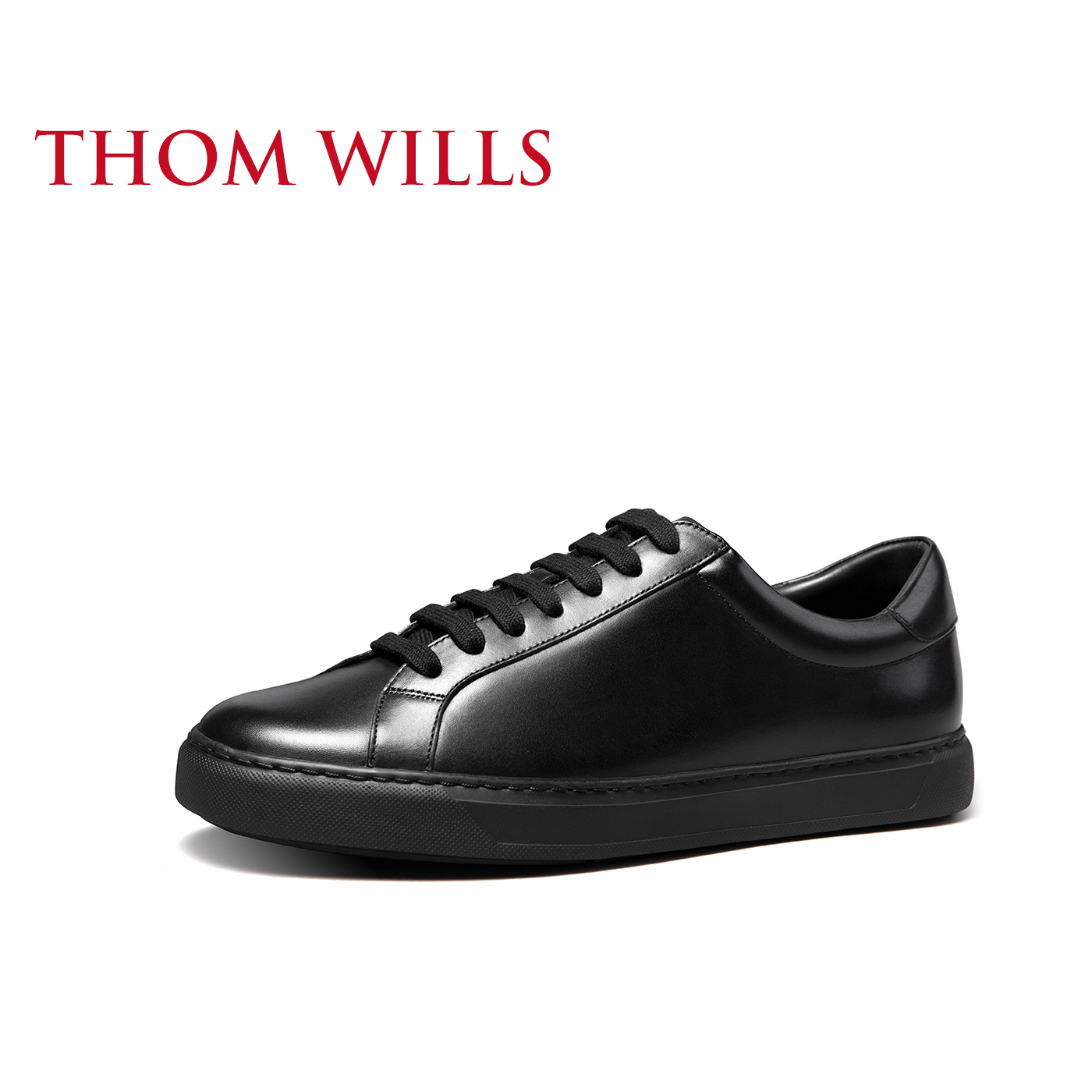 ThomWills黑色板鞋男真皮休闲运动鞋超轻软皮小黑鞋男士皮鞋夏季-图0