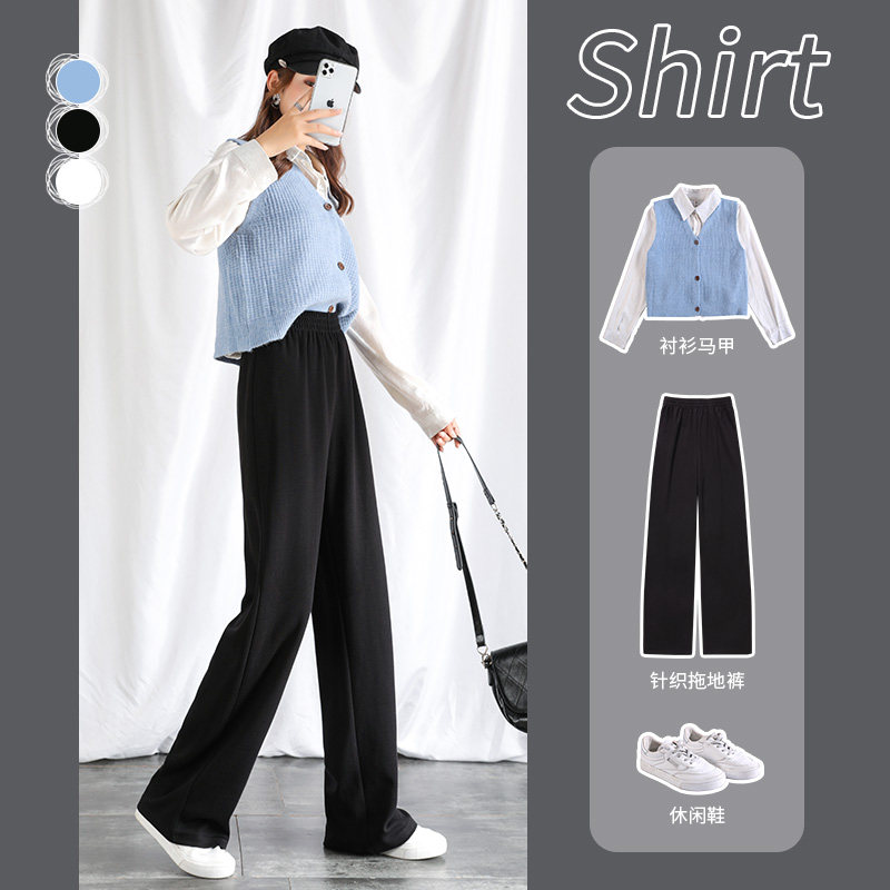 针织阔腿裤秋冬垂感胖mm直筒长裤子 玮岚国际休闲裤