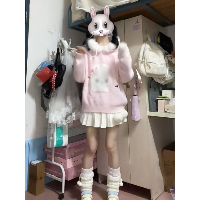 可爱少女风卡通兔子提花连帽毛衣女冬季款软糯甜酷粉色针织衫上衣 - 图2