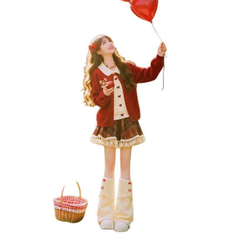 巨好看设计蝴蝶结假两件红色毛衣开衫女冬季格纹流苏边短裙两件套,淘宝优惠券,粉丝福利购,淘宝优惠卷