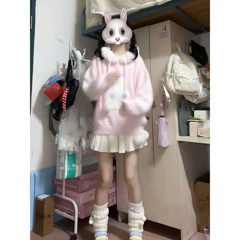 可爱少女风卡通兔子提花连帽毛衣女冬季款软糯甜酷粉色针织衫上衣 - 图1