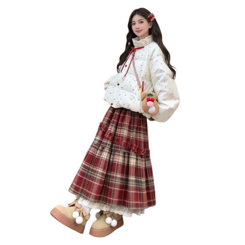 韩系温暖文艺风保暖米白色棉服女学生搭配格纹半身裙冬季两件套装,淘宝优惠券,粉丝福利购,淘宝优惠卷