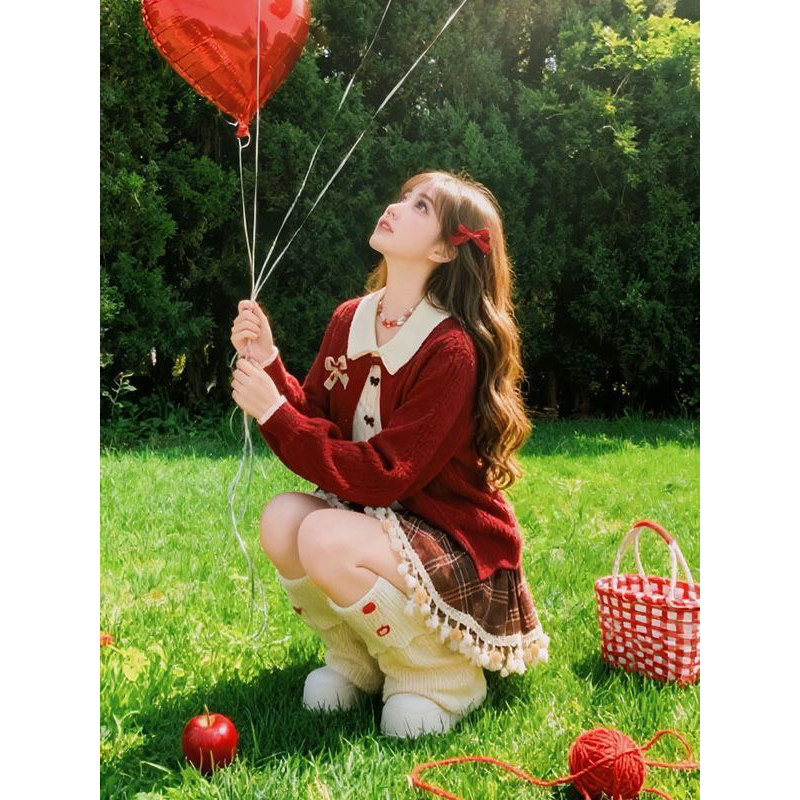 巨好看设计蝴蝶结假两件红色毛衣开衫女冬季格纹流苏边短裙两件套,淘宝优惠券,粉丝福利购,淘宝优惠卷