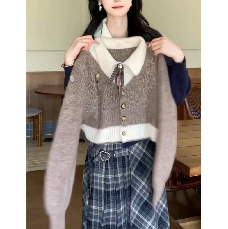 甜美少女风POLO领短款假两件毛衣女搭配高腰显瘦格纹半身裙两件套,淘宝优惠券,粉丝福利购,淘宝优惠卷