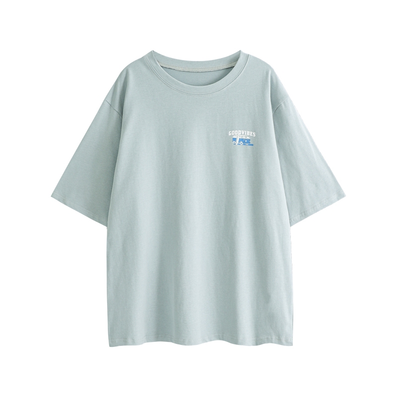 茉语家 2023年原创夏季新款蓝色设计感上衣韩版宽松印花短袖T恤女