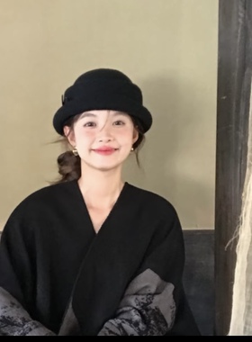 赫本风蝴蝶结卷边羊毛礼帽女秋冬新款保暖毛呢盆帽优雅气质渔夫帽
