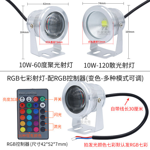 防水led射灯12V24V60V电池电瓶聚光灯10W超亮RGB公园灯庭院景观灯 - 图0