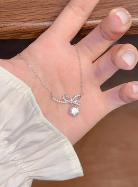 超闪蝴蝶结s999纯银项链女轻奢小众高级感锁骨链送闺蜜生日礼物