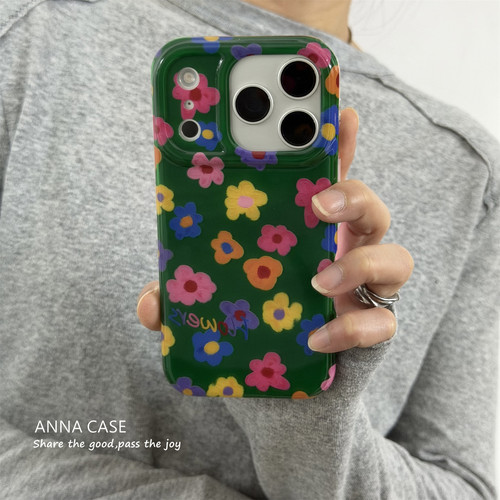 ANNACASEins复古绿油画彩色小花17适用苹果17promax手机壳iphone14全包17pro新款15pro软16promax防摔保护套 - 图1