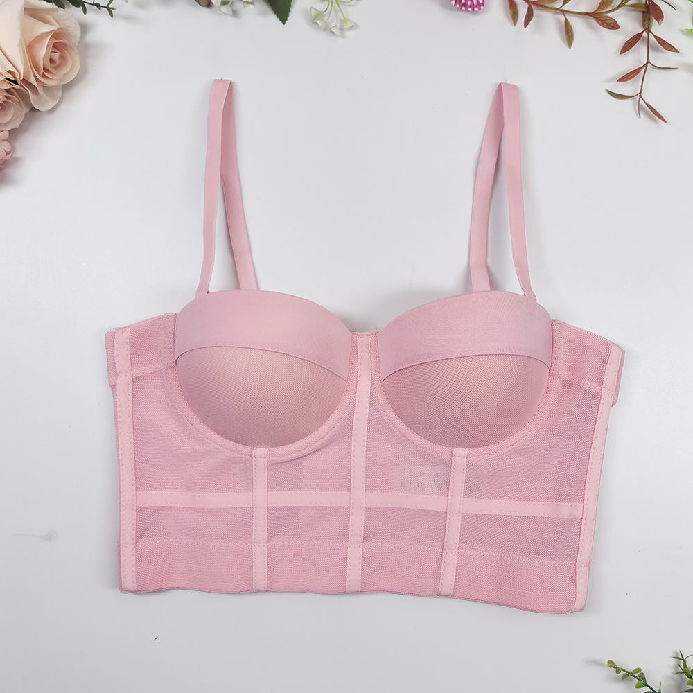 运动文胸弹力网纱美背一体式固定杯鱼骨吊带背心女corset轻运动风 - 图1