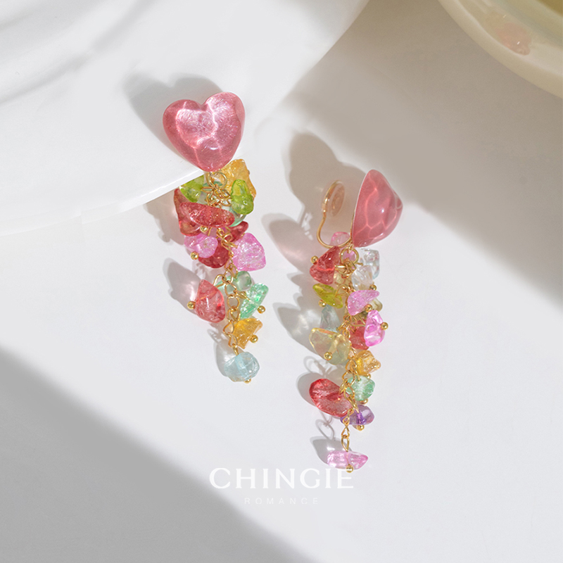 chingie青芥【爱心花穗】超仙气泫雅风流苏耳环彩色无耳洞女夸张-图2