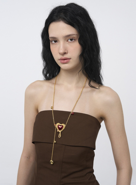 Blingkolio不另可 原创设计金色复古vintage红色爱心珐琅水晶项链