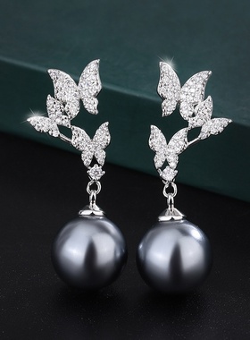 庄生生珠宝铜底镀金镶嵌灰色贝珠时尚蝴蝶手工镶钻套装14mm12mm