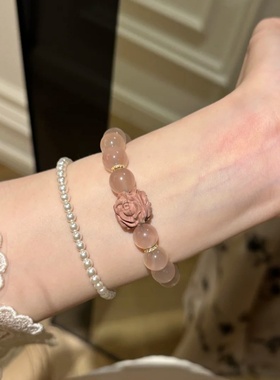 天然马粉水晶血柏木手链