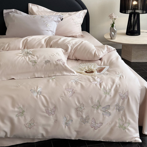 法式蝴蝶纯棉长绒棉四件套纯棉刺绣被套公主粉色高端轻奢床笠床单 - 图0