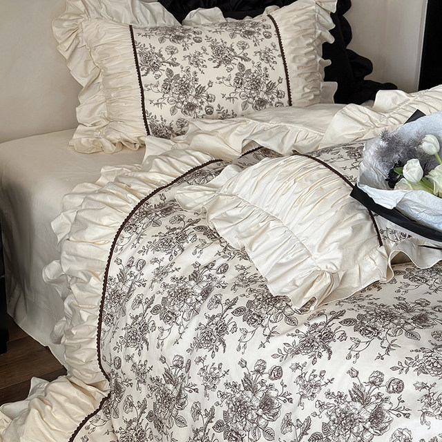Pleated ruffled four-piece set pure cotton French princess style
