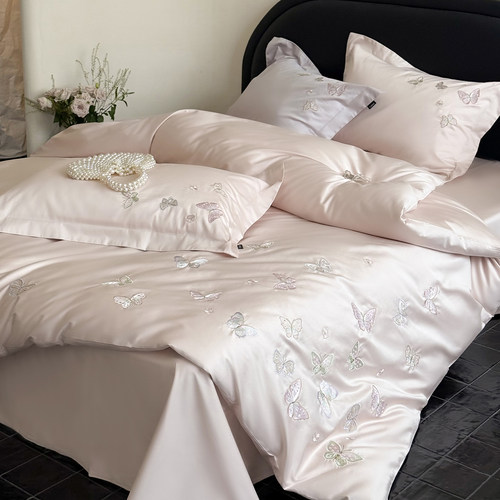 法式蝴蝶纯棉长绒棉四件套纯棉刺绣被套公主粉色高端轻奢床笠床单 - 图1