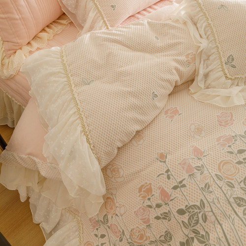 法式床盖款牛奶绒四件套公主风加厚蕾丝边刺绣被套少女心夹棉床品 - 图2