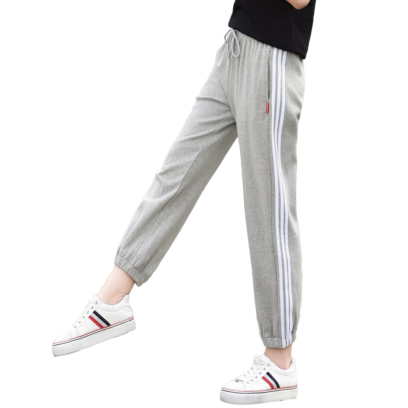 夏季休闲运动裤女春秋薄款长裤宽松大码三道杠