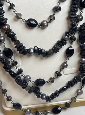 925配件淡水珍珠黑玛瑙手编多层流苏长款项链手链套装老货氧化578
